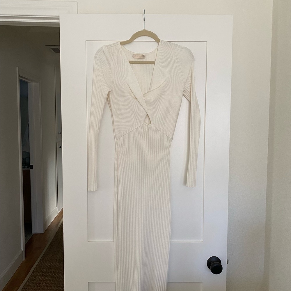 Ramy Brook Cream Ribbed Long-Sleeve Knit Midi Dress